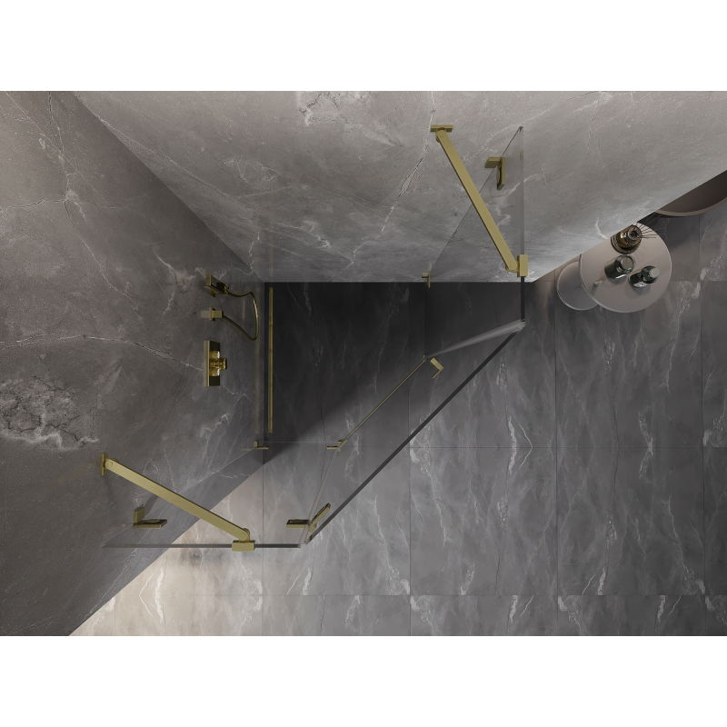 Mexen Lunar cabină de duș pentagonală cu ușă pivotantă stânga 80 x 80 cm, transparentă, auriu periat - 831-080L-080P-55-00-L