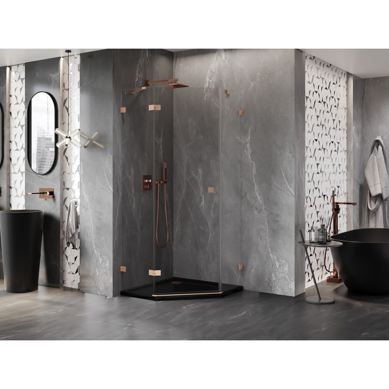Mexen Lunar cabină de duș pentagonală cu deschidere stânga 90 x 90 cm, transparentă, cupru periat - 831-090L-090P-65-00-L