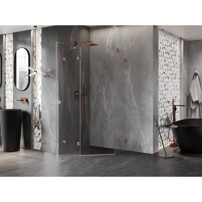 Mexen Lunar ötoldalú balra nyíló zuhanykabin 100 x 100 cm, átlátszó, csiszolt réz - 831-100L-100P-65-00-L
