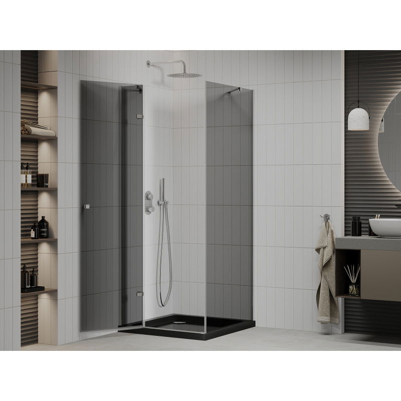 Mexen Roma cabină de duș batantă 80 x 80 cm, grafit, crom + cadă de duș Flat, negru - 854-080-080-01-40-4070