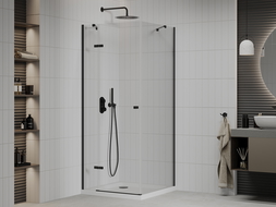 Mexen Roma cabină de duș cu balamale 90 x 90 cm, transparent, Neagră + cadă de duș Flat, Albă - 854-090-090-70-00-4010B