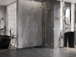 Mexen Lunar ötszögletű jobb oldali nyíló zuhanykabin, 100 x 100 cm, átlátszó, arany szálcsiszolt - 831-100P-100L-55-00-P