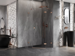 Mexen Lunar cabină de duș pentagonală rabatabilă dreapta 90 x 90 cm, transparentă, cupru periat - 831-090P-090L-65-00-P