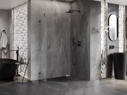 Mexen Lunar ötszögletű, jobbra nyíló, 90 x 80 cm-es zuhanykabina, átlátszó, gun gray kefélt - 831-090P-080L-66-00-P