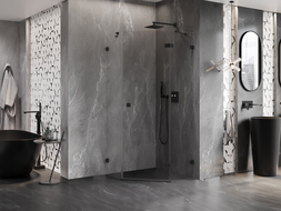 Mexen Lunar ötszögletű jobbra nyíló zuhanykabin 100 x 100 cm, átlátszó, fekete - 831-100P-100L-70-00-P