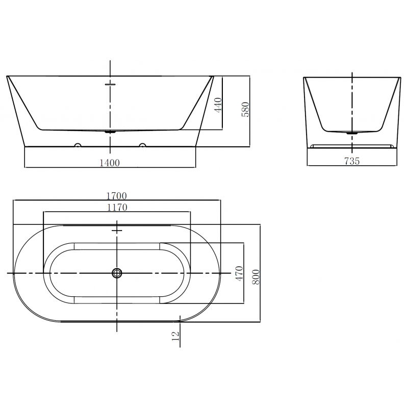 Mexen Oval Slim cadă freestanding montată pe perete 170 x 80 cm, albă, preaplin crom - 52661708000-01
