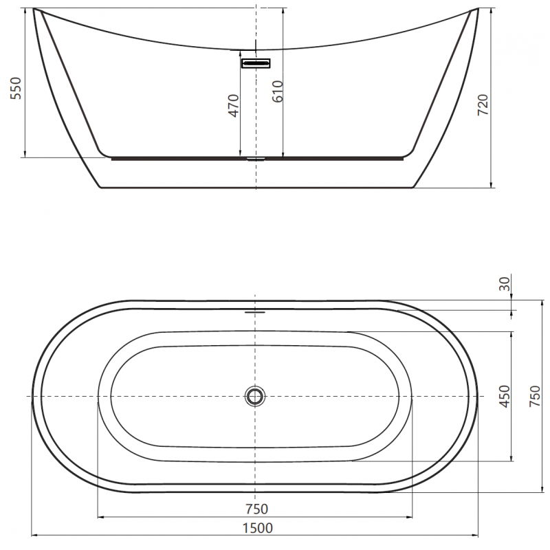 Mexen Lotos cadă de baie independentă 150 x 75 cm, albă, preaplin negru - 52051507700-70