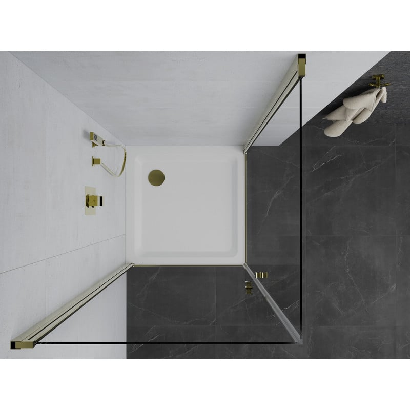 Mexen Pretoria Cabină de duș Duo cu uși batante 90 x 90 cm, transparentă, aurie + cadă de duș Flat