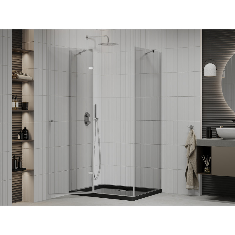 Mexen Roma cabină de duș batantă 90 x 100 cm, transparent, crom + cădiță Flat, negru - 854-090-100-01-00-4070