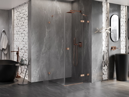 Mexen Lunar jobbos nyíló zuhanykabin 80 x 80 cm, átlátszó, kefélt réz - 834-080-080-65-00-P