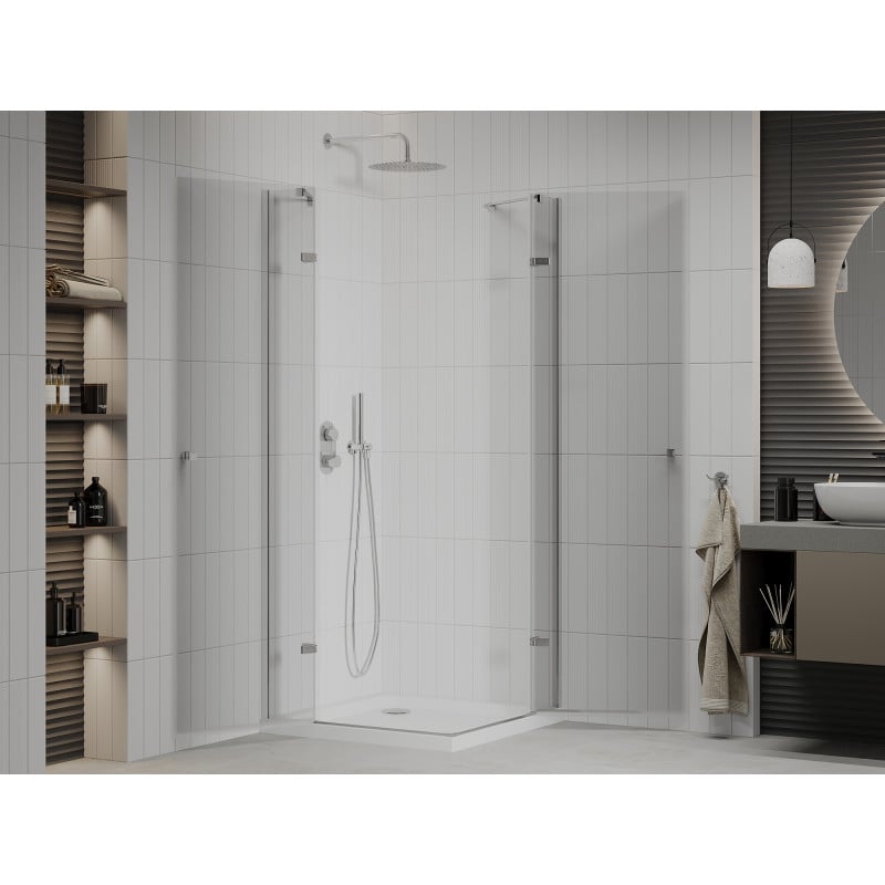Mexen Roma Duo zuhanyfülke nyitható 90 x 90 cm, átlátszó, króm + Flat zuhanytálca - 854-090-090-01-02-4010