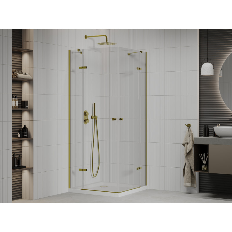 Mexen Roma Duo cabină de duș cu uși batante 80 x 80 cm, transparent, auriu + cadă de duș Flat - 854-080-080-50-02-4010G