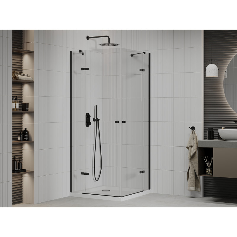 Mexen Roma Cabină de duș Duo rabatabilă 70 x 70 cm, transparentă, neagră + cadă Flat - 854-070-070-70-02-4010B