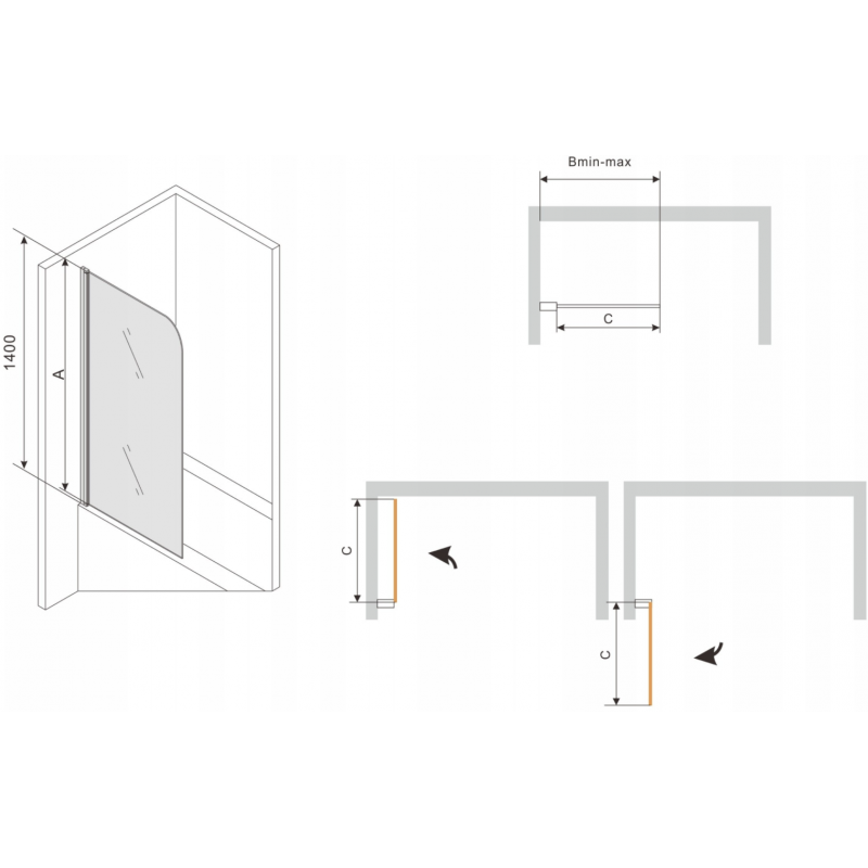 Mexen Vega cadă dreptunghiulară 170 x 70 cm cu panou și paravan 1-canat 80 cm, model negru fix - 550117070X9308007070