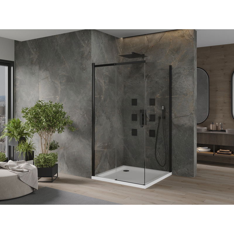 Mexen Omega cabină de duș culisantă 100 x 100 cm, transparentă, neagră + cadă Flat, albă - 825-100-100-70-00-4010B