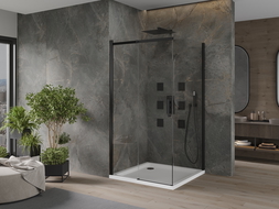 Mexen Omega cabină de duș extensibilă 100 x 100 cm, transparent, Neagră + cadă de duș Flat, Albă - 825-100-100-70-00-4010B