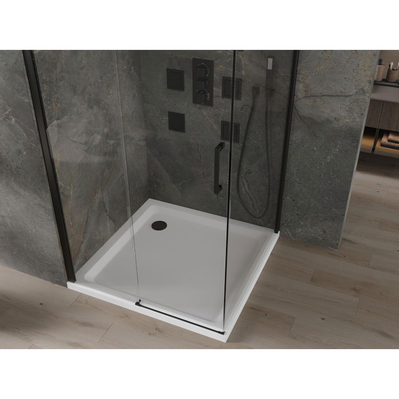 Mexen Omega tolóajtós zuhanykabin 100 x 100 cm, átlátszó, fekete + Flat zuhanytálca, fehér - 825-100-100-70-00-4010B