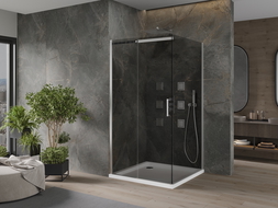 Mexen Omega cabină de duș extensibilă 100 x 100 cm, Grafit, Crom + cadă de duș Flat, Albă - 825-100-100-01-40-4010