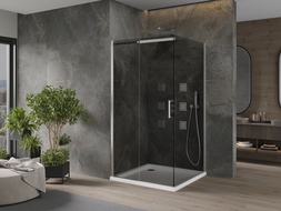 Mexen Omega tolóajtós zuhanykabin 100 x 100 cm, Sötétszürke, Króm + zuhanytálca Flat, bialy - 825-100-100-01-40-4010