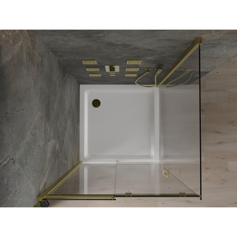 Mexen Omega cabina de duș glisantă 100 x 100 cm, transparentă, aurie + cadă Flat - 825-100-100-50-00-4010