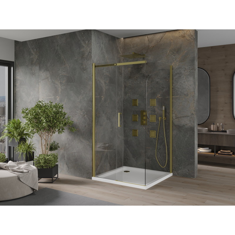 Mexen Omega cabina de duș glisantă 100 x 100 cm, transparentă, aurie + cadă Flat - 825-100-100-50-00-4010
