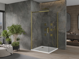 Mexen Omega cabină de duș extensibilă 100 x 100 cm, transparent, Aurie + cadă de duș Flat - 825-100-100-50-00-4010