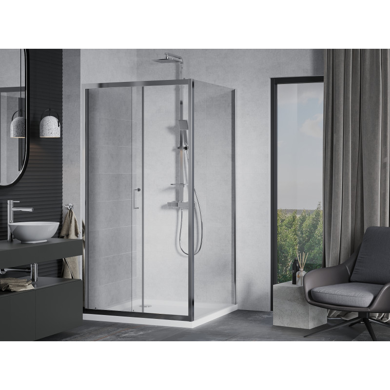 Mexen Apia 90 x 90 cm-es tolóajtós zuhanykabin, átlátszó, króm + Flat zuhanytálca - 840-090-090-01-00-4010