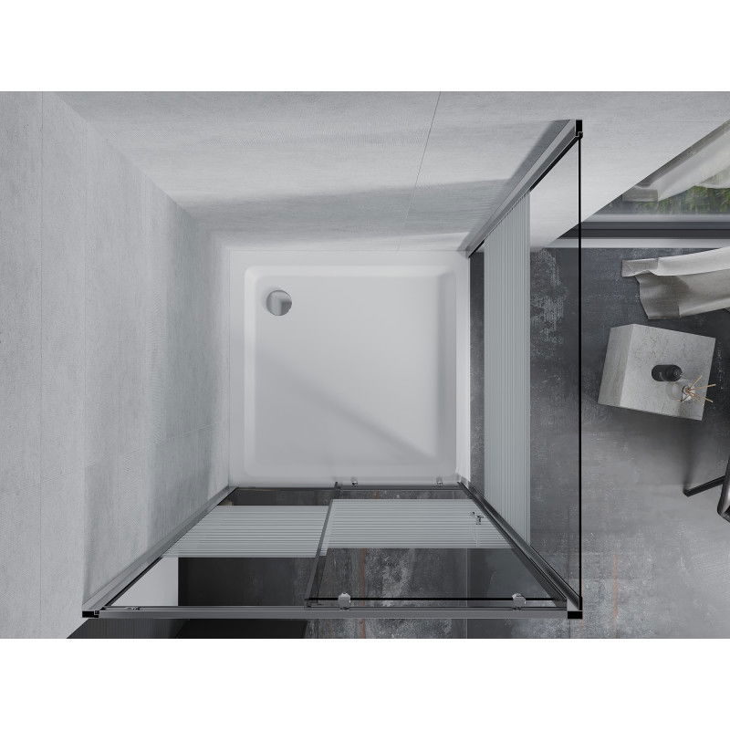 Mexen Apia cabina de duș cu uși glisante 90 x 90 cm, dungi albe, crom + cădiță Flat - 840-090-090-01-20-4010