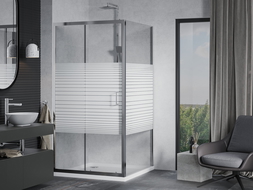 Cabină de duș glisantă Mexen Apia 100 x 100 cm, dungi albe, crom + cadă Flat - 840-100-100-01-20-4010