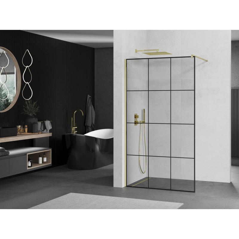 Mexen Kioto Perete de duș Walk-in 100 x 200 cm, grilaj negru 8 mm, auriu - 800-100-101-50-77