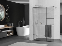 Mexen Kioto+ polcšal rendelkező zuhanyfal Walk-in 110 x 200 cm, fekete minta, króm - 800-110-121-01-78
