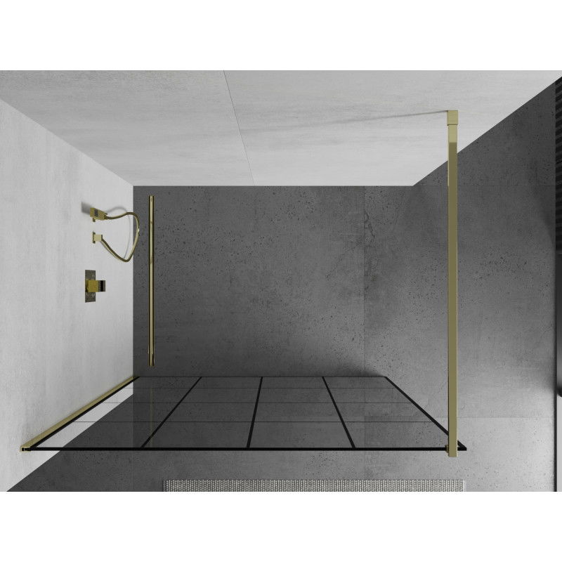 Mexen Kioto zuhanyfal Walk-in 140 x 200 cm, fekete rácsos 8 mm, arany - 800-140-101-50-77