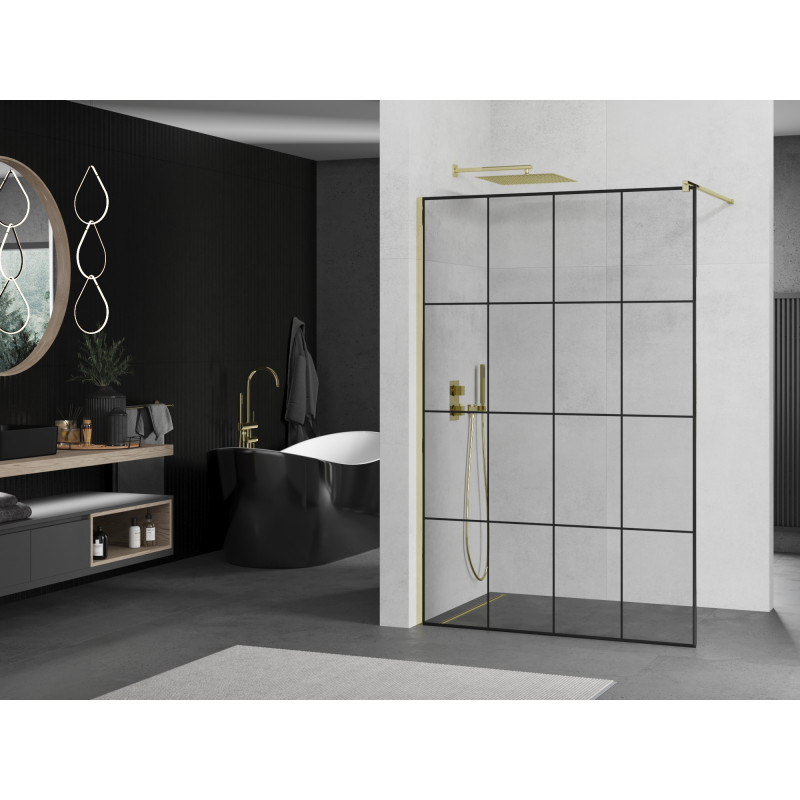 Mexen Kioto panou de duș Walk-in 140 x 200 cm, grilaj negru 8 mm, auriu - 800-140-101-50-77