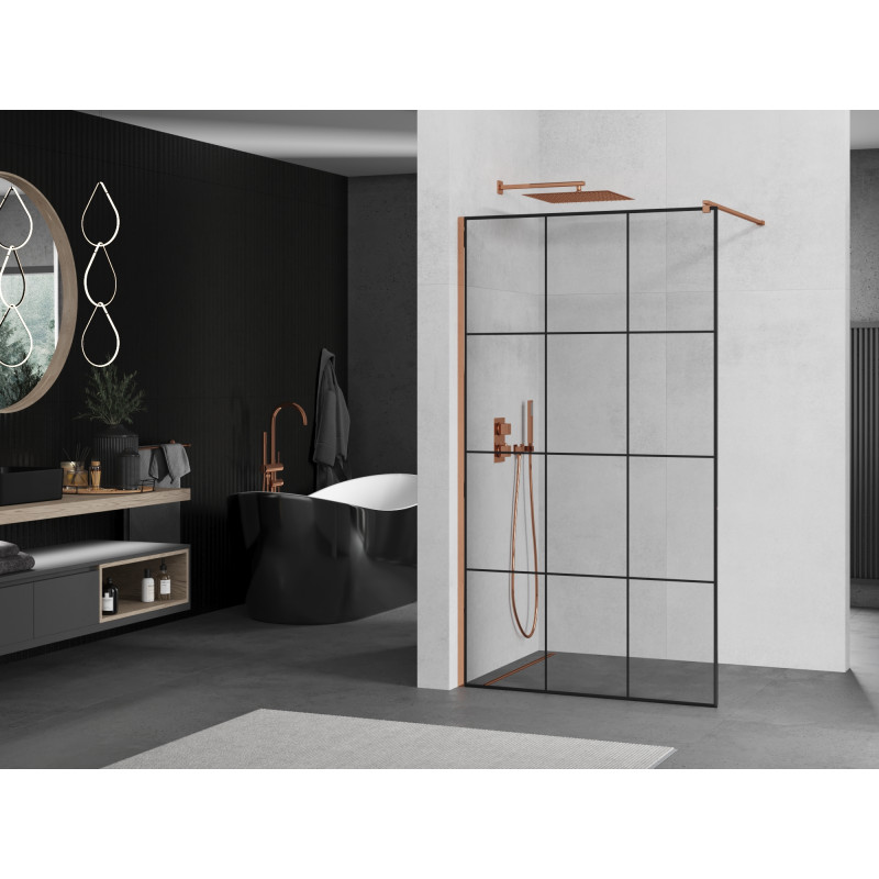 Mexen Kioto walk-in zuhanyfal 110 x 200 cm, fekete rács 8 mm, rózsaarany - 800-110-101-60-77
