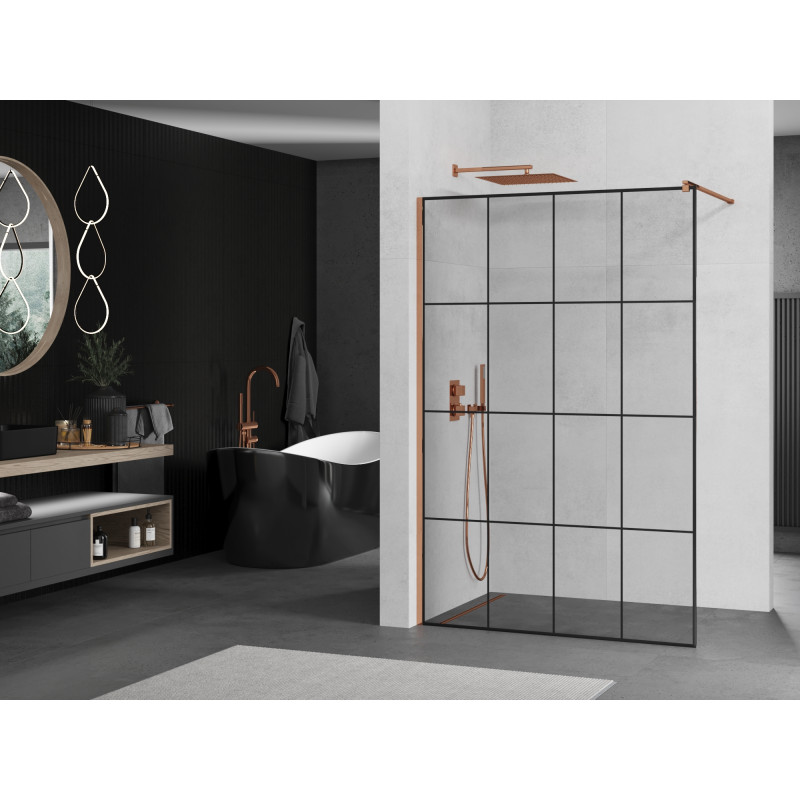 Mexen Kioto Walk-in zuhanyfal 130 x 200 cm, fekete rács 8 mm, rózsaarany - 800-130-101-60-77