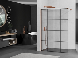 Mexen Kioto Walk-in zuhanyfal 130 x 200 cm, fekete rács 8 mm, rózsaarany - 800-130-101-60-77