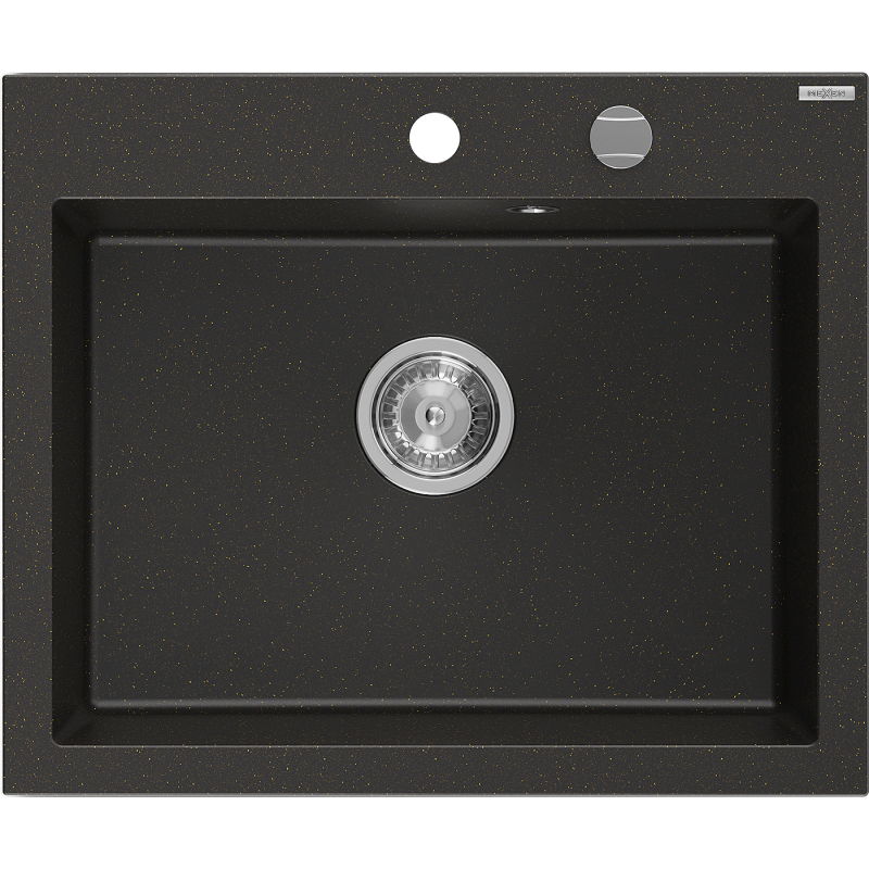 Mexen Elix gránit mosogató, 1 rekeszes, 600 x 500 mm, fekete/arany metál, króm szifon - 6525601005-75