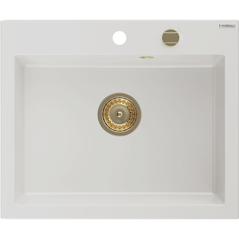 Mexen Elix chiuvetă de bucătărie din granit 1-cameră 600 x 500 mm, albă, sifon auriu - 6525601005-20-G