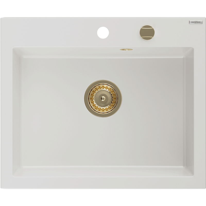 Mexen Elix gránit mosogató 1-medencés 600 x 500 mm, fehér, arany szifon - 6525601005-20-G