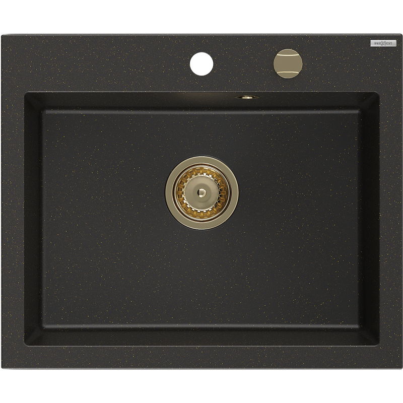 Mexen Elix egymedencés gránit mosogató 600 x 500 mm, fekete/arany metál, arany szifonnal - 6525601005-75-G