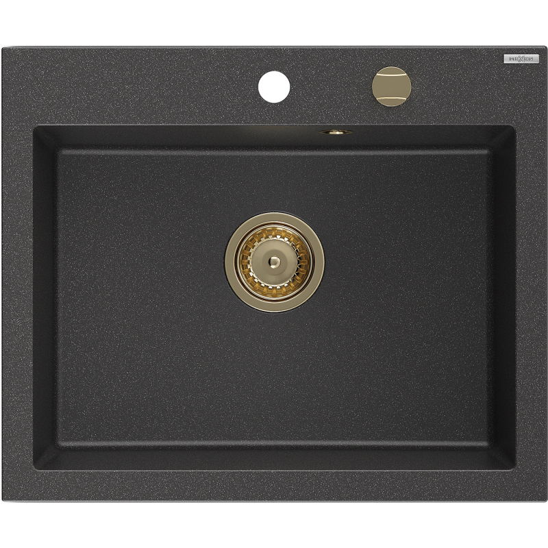 Mexen Elix chiuvetă granitică cu 1 compartiment 600 x 500 mm, negru stropit, sifon auriu - 6525601005-76-G