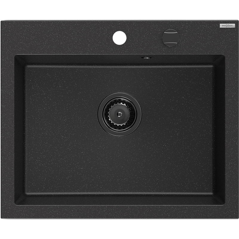 Mexen Elix chiuvetă de bucătărie din granit cu 1 cuvă 600 x 500 mm, negru/argintiu metalic, sifon negru - 6525601005-73-B