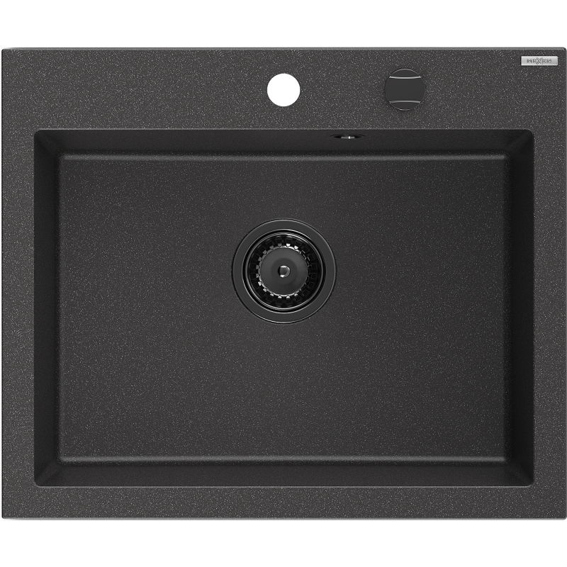 Mexen Elix gránit mosogató 1-medencés 600 x 500 mm, fekete pettyes, fekete szifon - 6525601005-76-B