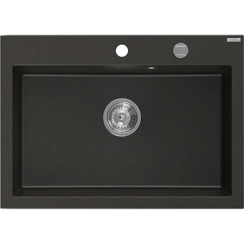 Mexen Elix gránit mosogató 1-medencés 700 x 500 mm, fekete/arany metál, krómozott szifon - 6526701005-75