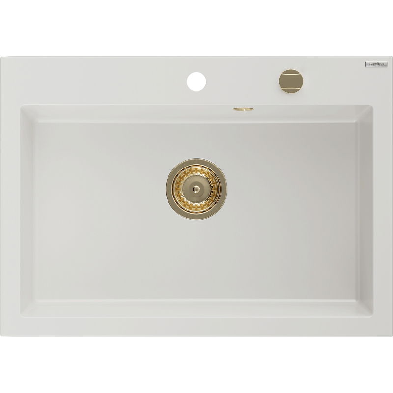Mexen Elix chiuvetă de bucătărie din granit cu 1 compartiment 700 x 500 mm, alb, sifon auriu - 6526701005-20-G