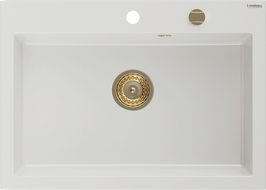 Mexen Elix chiuvetă de bucătărie din granit cu 1 compartiment 700 x 500 mm, alb, sifon auriu - 6526701005-20-G
