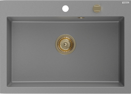 Mexen Elix chiuvetă de bucătărie din granit, cu 1 compartiment, 700 x 500 mm, gri, sifon auriu - 6526701005-71-G