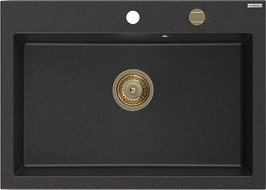 Mexen Elix gránit mosogató 1-medencés 700 x 500 mm, fekete/ezüst metál, arany szifon - 6526701005-73-G