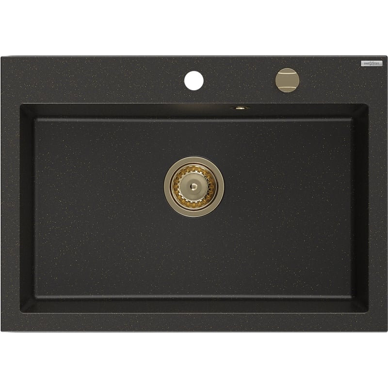 Mexen Elix gránit mosogató 1-medencés 700 x 500 mm, fekete/arany metál, arany szifon - 6526701005-75-G