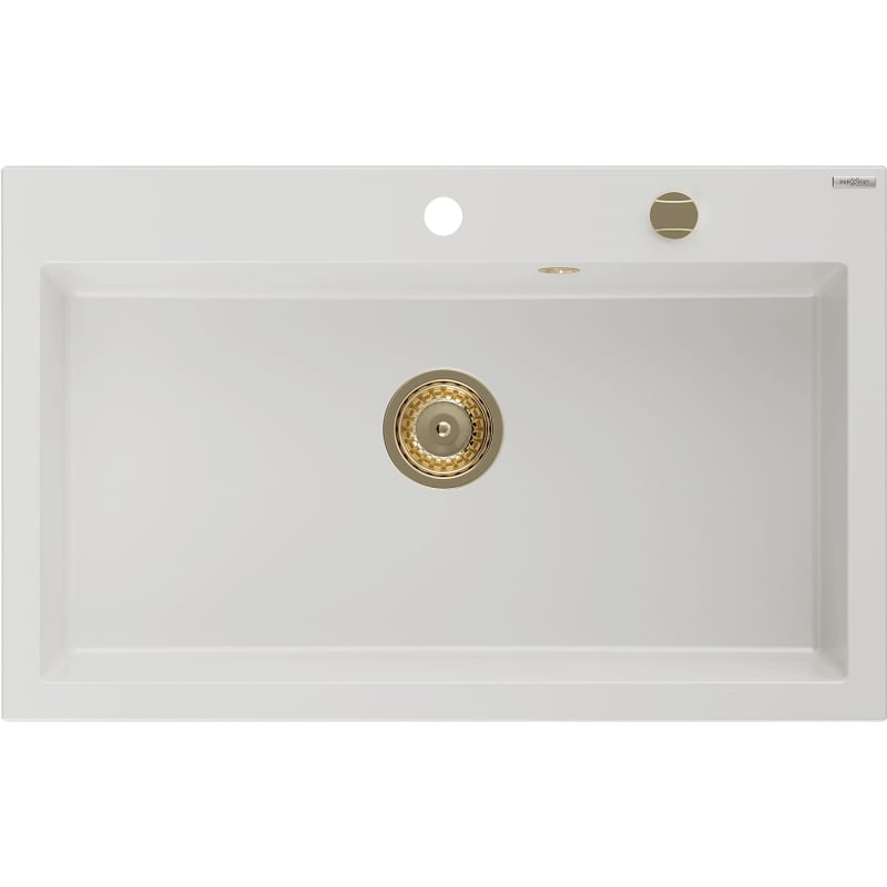 Mexen Elix 1-kamrás gránit mosogató 800 x 500 mm, fehér, arany szifonnal - 6527801005-20-G